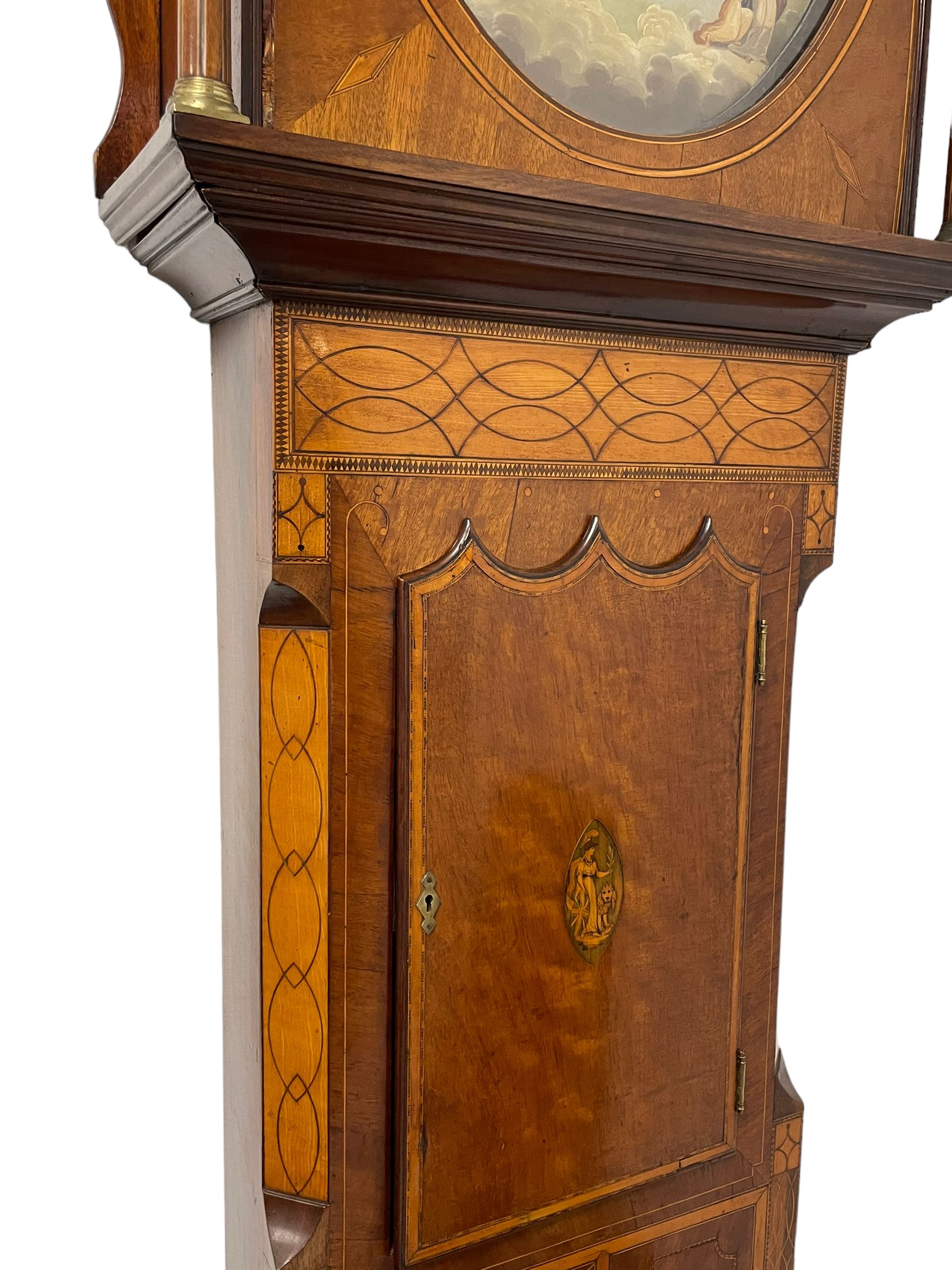 John Stonehouse of Leeds - mahogany 8-day longcase clock with a painted oval dial c1830, hood with a swans necked pediment and profuse contrasting inlay to both the hood and case, oval hood door with flanking pilasters and Corinthian capitals, conforming case with canted corners and short triple spire door, broad plinth with matching inlay and canted corners on shallow base, dial depicting masonic regalia, symbols, and pictorial depictions of the humanities, faith, hope, charity and righteousness, black chapter with white roman Arabic’s, date recorder and matching “crown” hands, dial pinned to a rack striking movement with a recoil anchor escapement, striking the hours on a coiled underslung gong. With weights and gridiron pendulum. 
This clock case is of large, impressive dimensions and was almost certainly commissioned for a large masonic lodge in Leeds, a rare and unique example.
