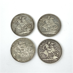 Four Queen Victoria crown coins, one 1893 and three 1889