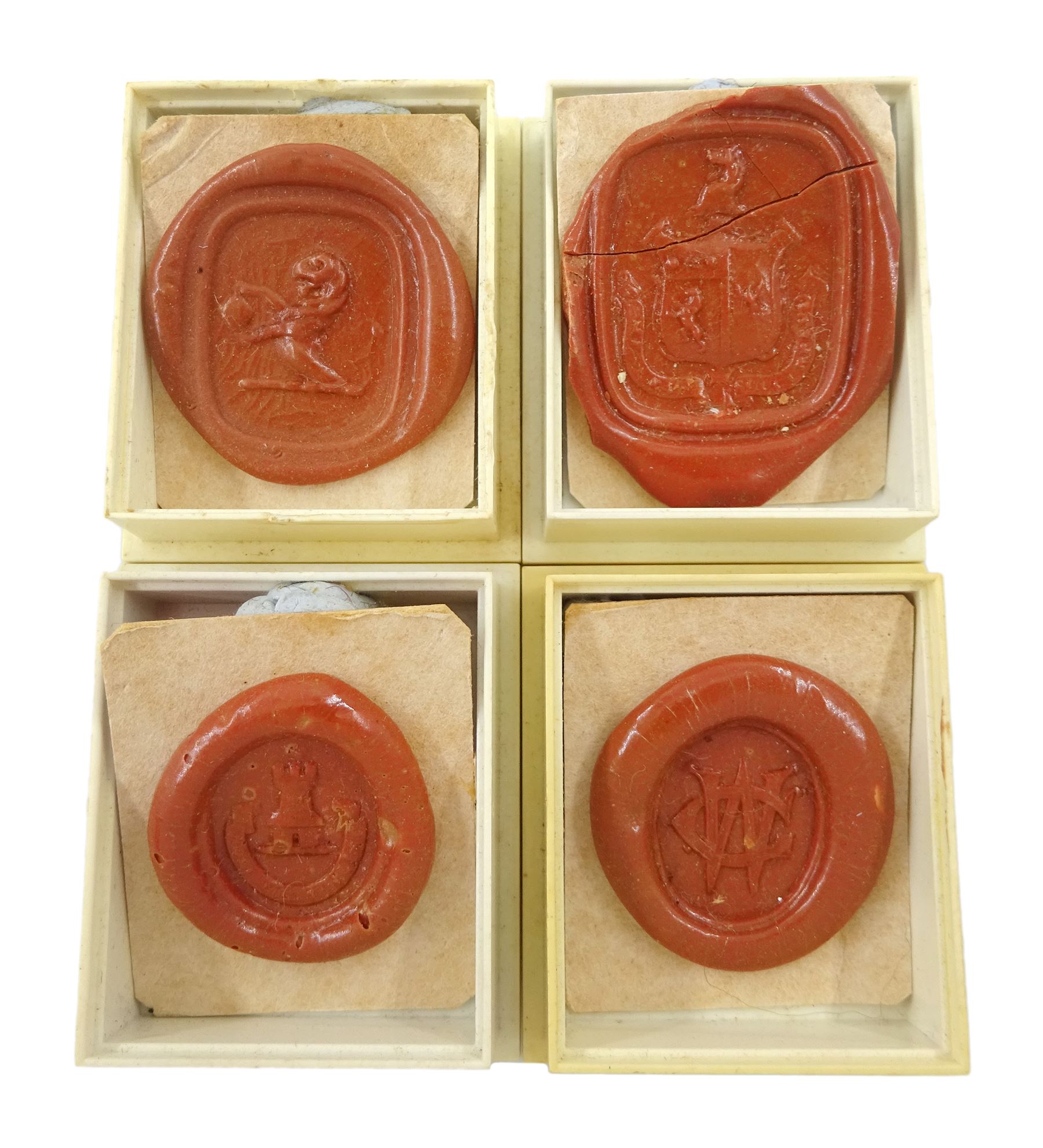 Victorian 15ct gold swivel fob, the agate intaglio depicting a crescent moon above a castle and inscribed 'Noli Me Tangere', the reverse bloodstone monogrammed 'MG', Birmingham, 1890 and two gold-plated carnelian and agate intaglio fobs, all with wax seal impressions