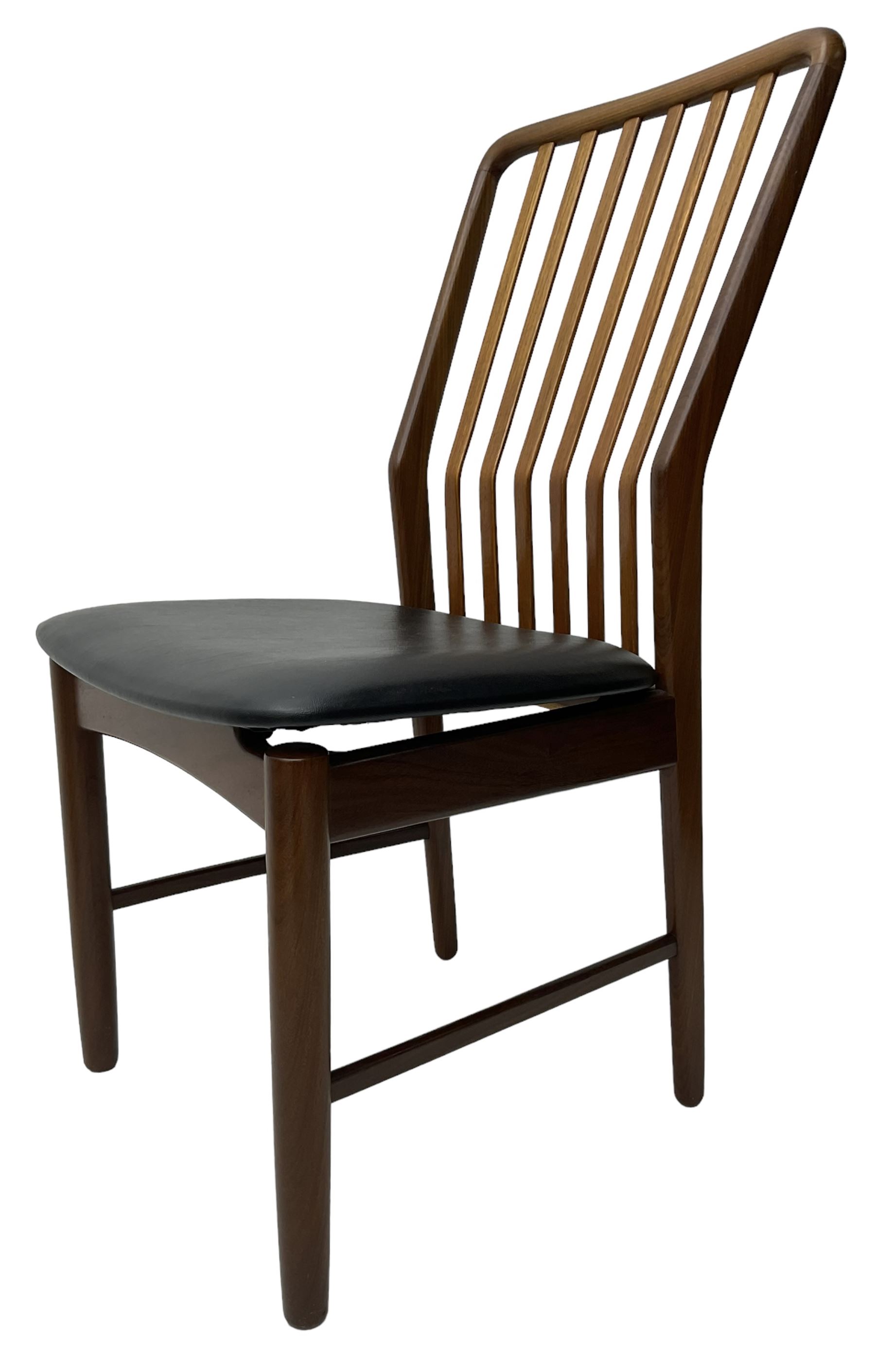 Svend Aage Madsen for Moreddi - set of four teak dining chairs, angular vertical slat back over upholstered seat, on turned front supports 