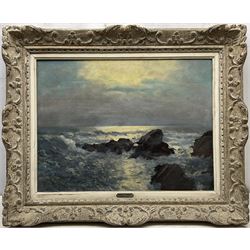 Arsene Chabanian (Armenian 1864-1949): Rocky Coastal scene by Moonlight, oil on canvas signed 45cm x 60cm