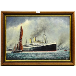 Jack Rigg (British 1927-): 'S S Otranto on the Thames', oil on board signed and dated 1988, signed and inscribed verso 45cm x 65cm
Notes: the Otranto was an Orient Line steamer built in 1926, serving through WWII and later broken up in 1957 at Faslane on the Clyde

