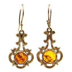  Pair of 9ct gold amber pendant ear-rings, hallmarked  