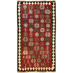 Southwest Persian Qashqai Kilim red ground rug, the central field adorned with rows of mul...