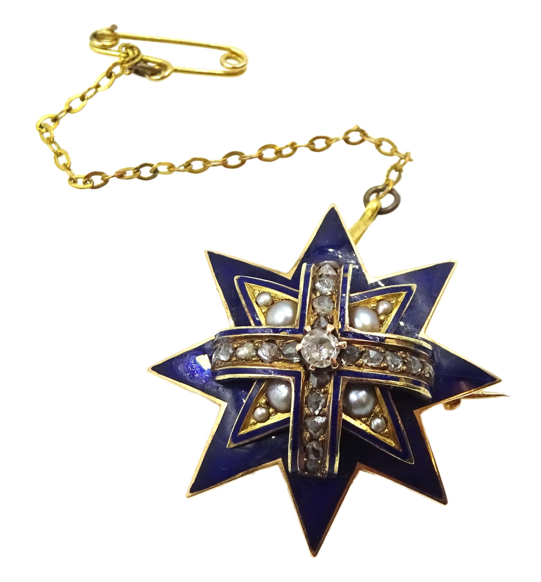 Victorian 15ct gold blue enamel, diamond and split pearl star brooch