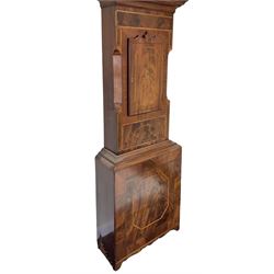 Late 19th century - 8-day mahogany longcase clock c1870, with a swan necked pediment and brass paterie, break arch hood door beneath flanked by ring turned pilasters and shaped back splats,  inlaid trunk with a short door and canted corners, broad plinth with inlay and shaped feet, painted dial with abstract floral spandrels and a romantic evening scene to the break arch, with Roman numerals, minute markers, date and second dials, makers name indistinct, stamped brass hands with date and seconds pointers, dial pinned directly to a rack striking movement with a recoil anchor escapement. With weights and pendulum.