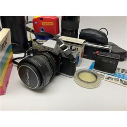 Vintage and later cameras and accessories including Minolta X-300 in carry bag, Tamron lens etc