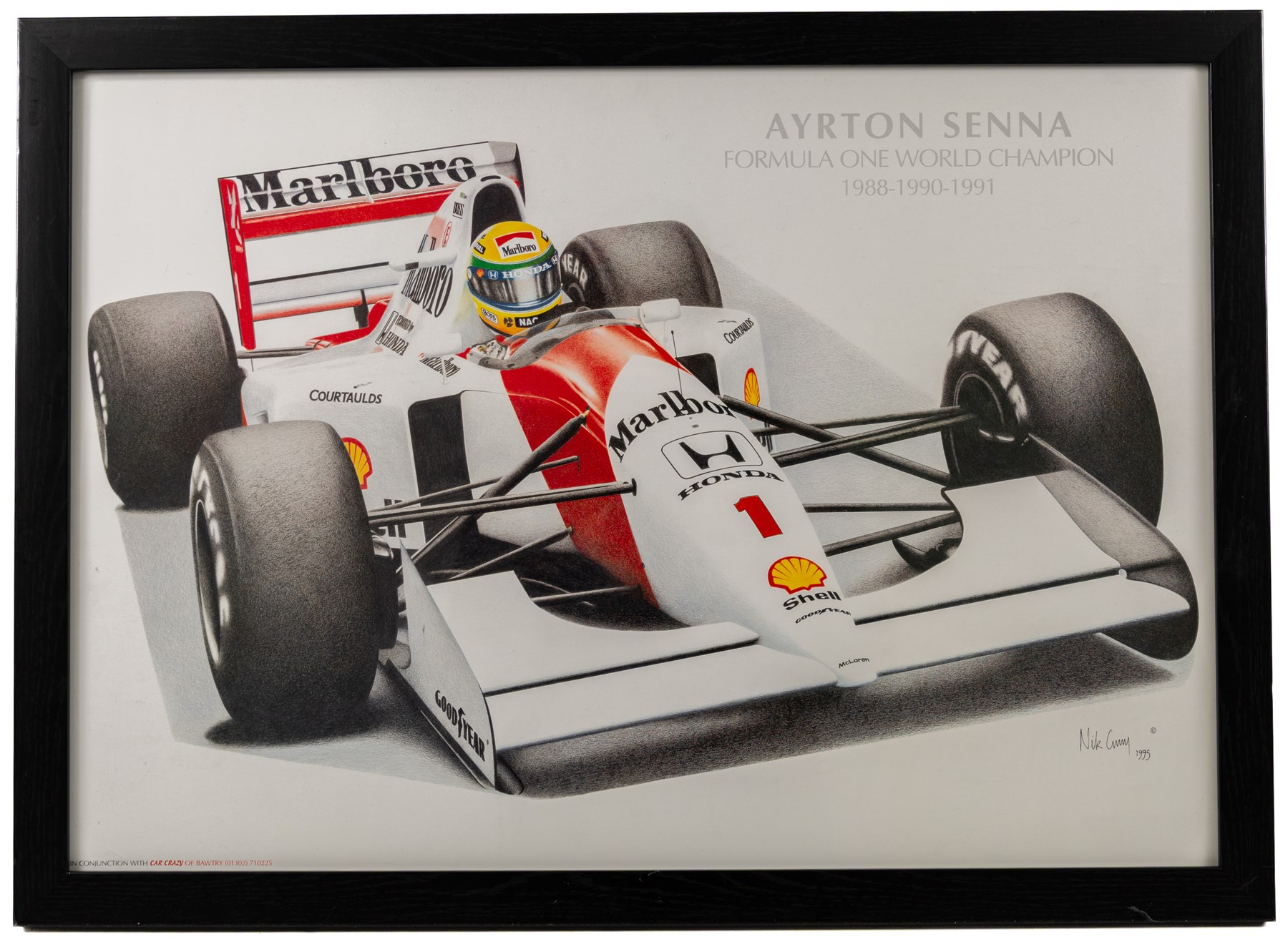 Four Formula 1 racing prints by Nik Curry, all within black frames, largest H38cm, W58cm