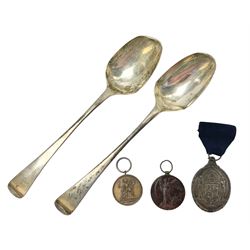 Two silver Georgian tablespoons, approximate total weight 3.36 ozt (104.7 grams), together with Great War Peace Medal 1919 and two others 