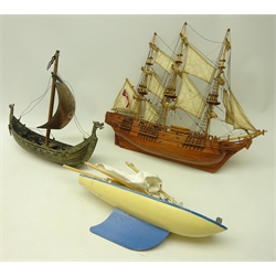  Scratch built model of an 18th century British ship, Copenhagen 'Iron Art' model of a Viking Ship, the sail embossed with heraldic bird motif and a 'Star' pond yacht made in England, L40cm (3)  