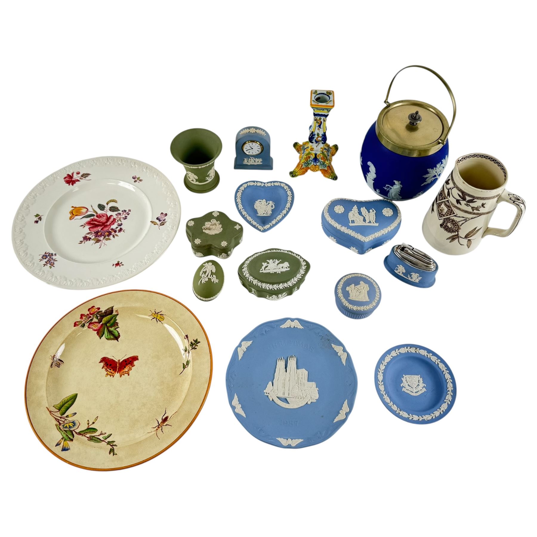 Collection Wedgwood Jasperware including clock, lighter, biscuit barrel and trinket boxes, together with other Wedgwood  