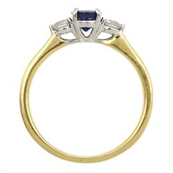 18ct gold three stone oval sapphire and round brilliant cut diamond ring, stamped 18KT, total diamond weight approx 0.30 carat, sapphire approx 0.80 carat