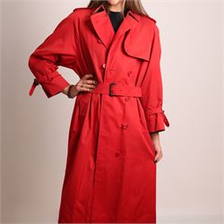 Burberrys and Aquascutum - two vintage trench coats, comprising a Burberrys red cotton trench coat with navy, red and grey check lining, labelled Burberrys, Made in England, and an Aquascutum beige cotton trench coat with house check lining, labelled Aquascutum, Made in England, both size L (2)