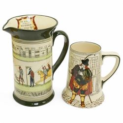 Royal Doulton series ware, comprising Dutch Ruysdael `Two Men Discussing A Letter' pitcher, H33.5cm, Bayeux Tapestry plate and jug, and various Coaching Days items including a biscuit barrel with silver plate cover 