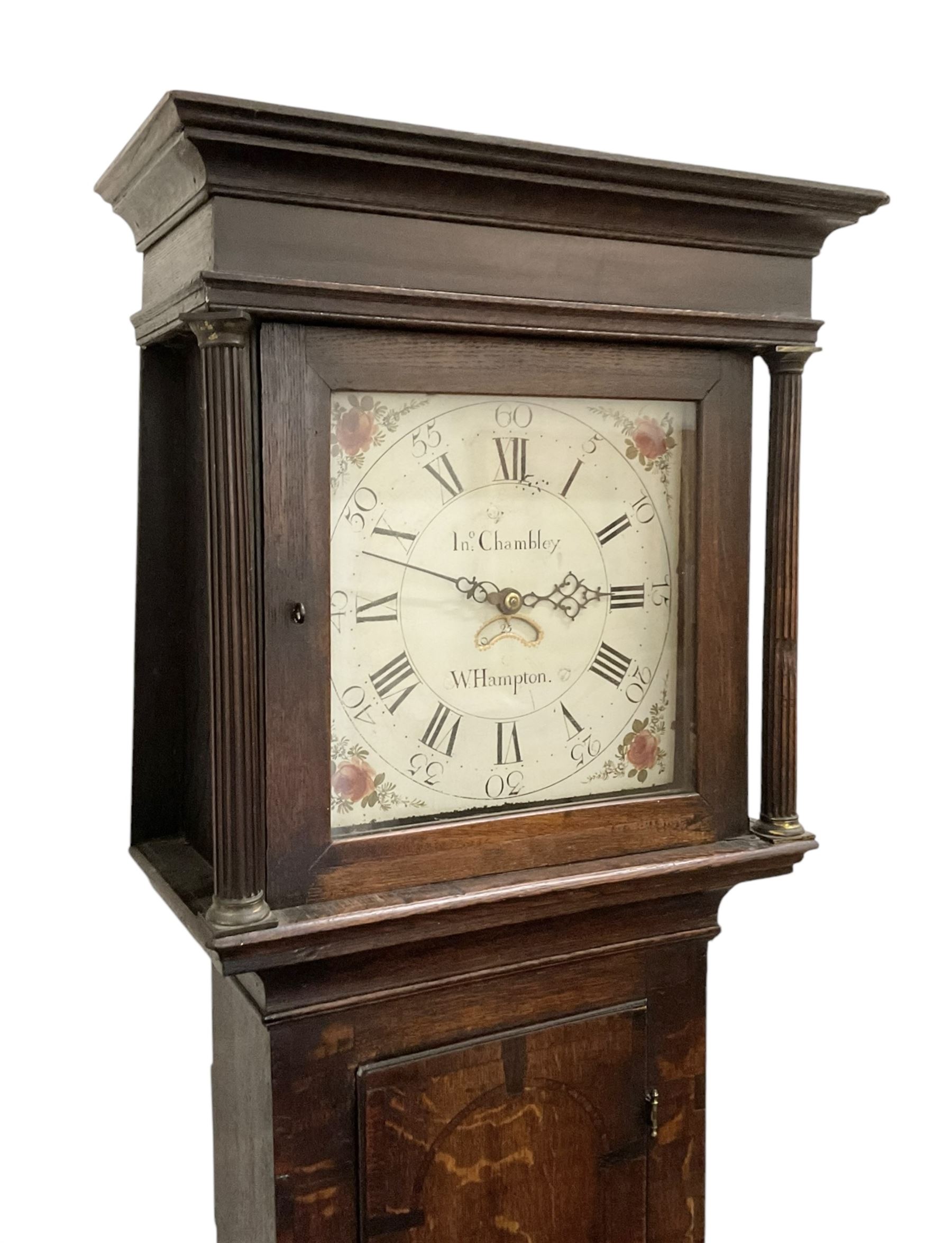 John Chambley of Wolverhampton - George III oak cased 30hr longcase clock c1790, with a flat topped hood and frieze, square hood door flanked by reeded pilasters with brass capitals, trunk with an inlaid full length door on a square plinth with applied skirting, 12