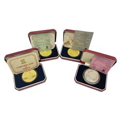 Three Queen Elizabeth II Isle of Man silver proof crown coins, comprising 1978 '25th Anniversary of the Coronation', 1980 'Bicentennial' and 1980 '80th Anniversary of Her Majesty Queen Elizabeth The Queen Mother', all cased with certificates and 1979 'Earl Mountbattem Crownmedal' gold plated silver medallion, cased with certificate