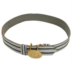 WWII Third Reich Nazi German Officers ceremonial/parade uniform belt, olive green fabric with silver aluminium bullion thread panels, the gilt metal central buckle depicting the Nazi eagle and Swastika surrounded by oak leaves