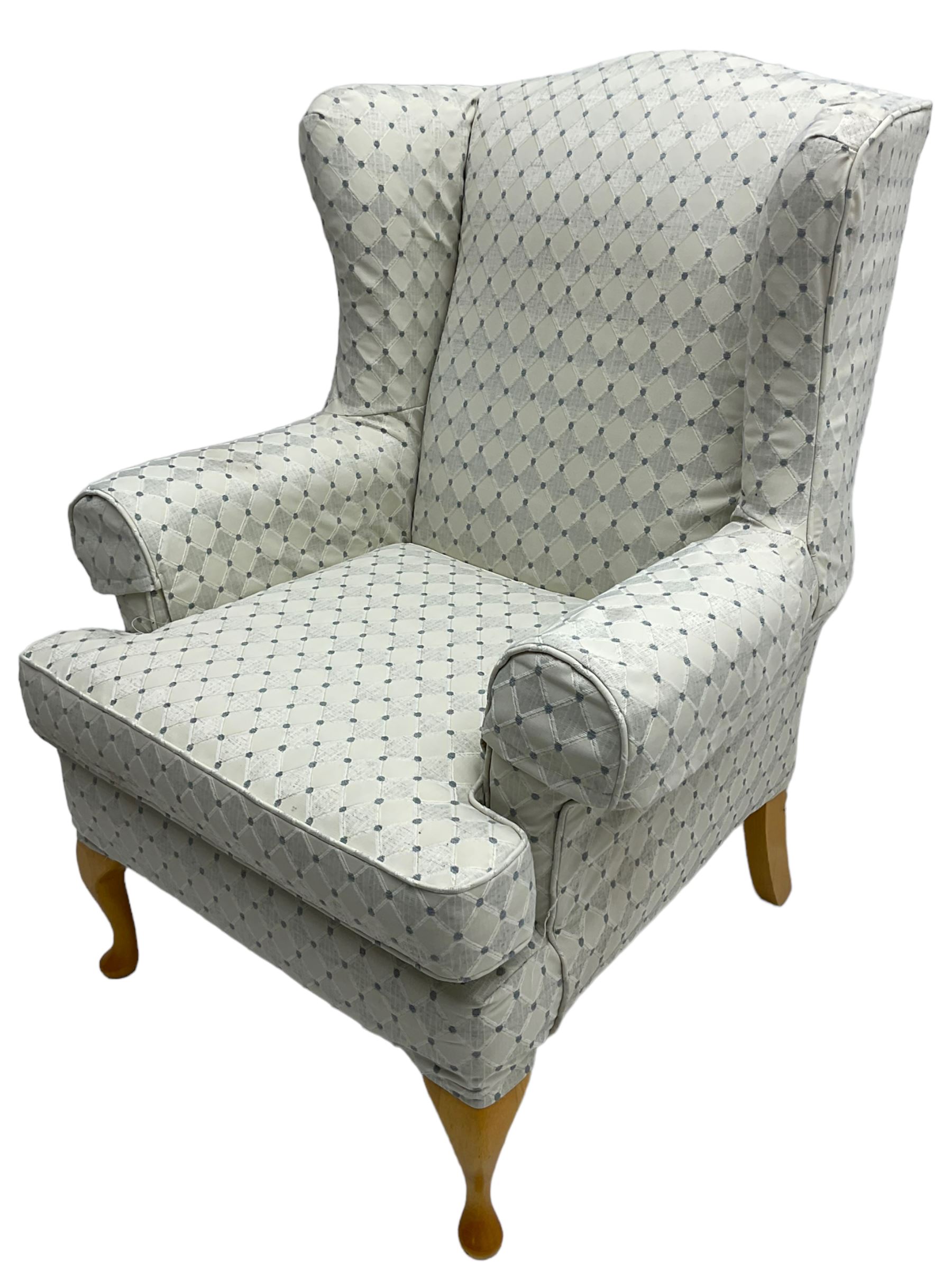 Multi-York - hardwood framed wingback armchair, upholstered pale blue lozenge pattern fabric, on light beech cabriole feet - 6 months old