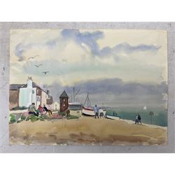 Jean Alexander (British 1911-1994): Views in Suffolk, comprising: 'Morning on the Shore - Aldeburgh July 1984', 'Sunshine on the Backwater - Aug '85 with Stephanie', 'Stormy Weather - High Sea near East Terrace Aug 1988', 'Walberswick - July 1990', 'Squally Weather near Bungay (outside Joan's house Broom Tuns) Jan 1990', 'Polzeath N. Cornwall - August 1989', and another untitled, watercolours, each signed, variously titled and dated verso, the titled 27.5cm x 37.5cm (unframed), the other 25cm x 27cm (mounted) (7)