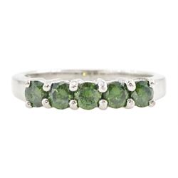 18ct white gold five stone, round brilliant fancy green diamond ring, hallmarked, total di...