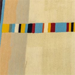 Rugs by Design - ‘Sand Bar’ Nepalese thick pile wool rug, with abstract horizontal bands in cream, blue, camel and dark brown tones, centred by a narrow multicoloured vertical stripe