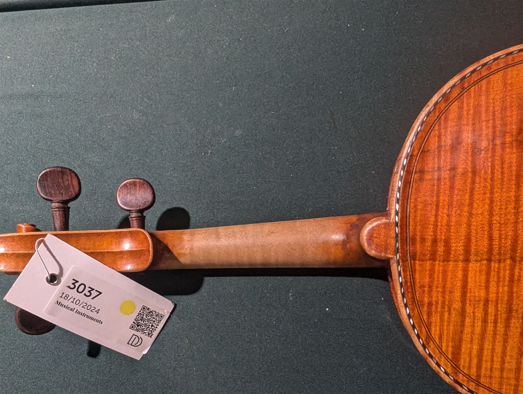 19th century full size European violin, spruce top, figured maple full back and sides, double purfling, in fitted case with two bows.