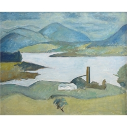  Loch Scene, 20th century oil on board by attributed to David Speir verso 49cm x 59cm, Flamborough, 20th century oil signed C H Jackson Dartmoor, watercolour signed G Trevor and Wastwater, Lake District, pastel signed by Alsop (4)  