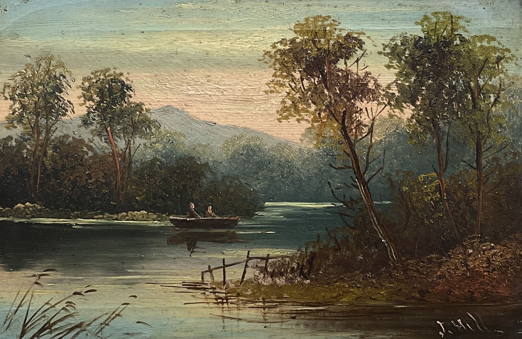 J Hill (British 19th century): River scene, oil on canvas signed and a Companion picture, oil indistinctly signed 19cm x 29cm (2)