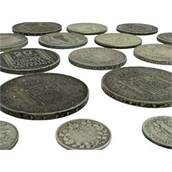 World silver coins, including three Spanish five pesetas dated 1883, 1888 and 1891, three Swiss five franc coins dated 1932, 1935 and 1939, two United States of America 1967 Kennedy half dollars etc, overall weight approximately 245 grams
