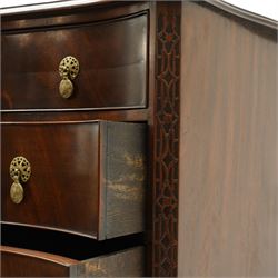 Quality Georgian design mahogany serpentine secretaire chest, the shaped top with moulded edge, fitted with cock-beaded secretaire drawer with button-release fall-front enclosing fitted interior, over three graduating drawers with brass drop handles on pierced circular plates, the canted uprights carved with blind-fret strapwork, lower moulded edge on shaped bracket feet