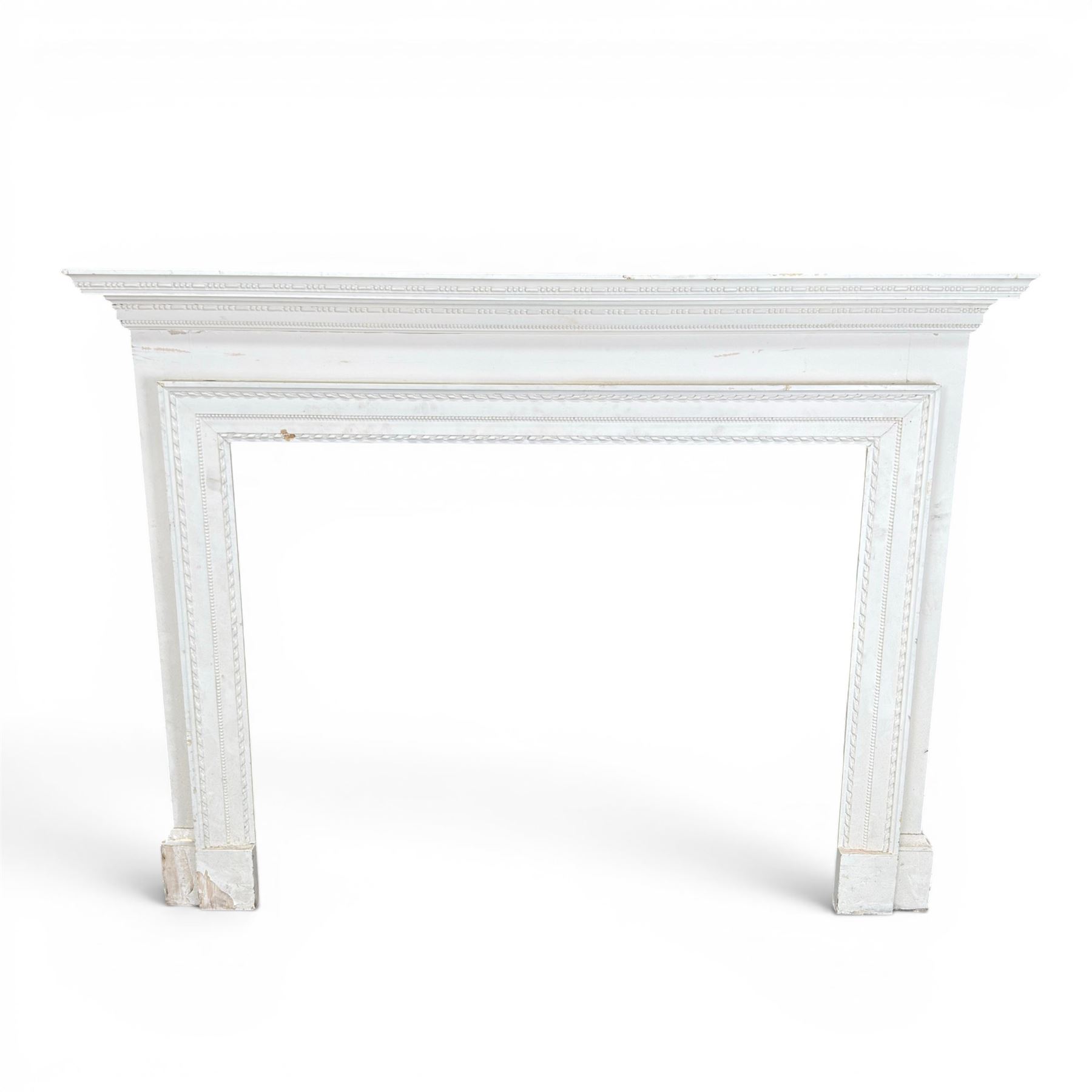 Large early 20th century Country House painted pine fire surround, stepped form with beaded detail