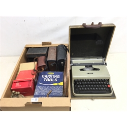  Set of early 20th century drawing instruments, some with bone handles, Eastman Kodak No.2 Bullseye Camera in leather case, Bushnell 7x35 and Copitar 8x40 binoculars in cases and an Olivetti Scribe portable typewriter, Marples wood carving Tool set No.152 in box, etc  