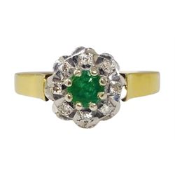 9ct gold emerald and diamond cluster ring, hallmarked