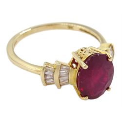 9ct gold oval ruby and baguette cut diamond ring, hallmarked 