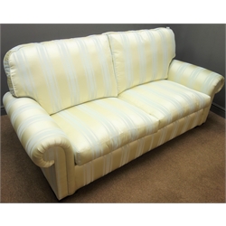  Vale Bridgecraft three piece lounge suite comprising three seat sofa upholstered in ivory and pale blue stripe damask fabric, (W220cm), and pair matching armchairs in contrasting fabric with floral and foliate pattern.  