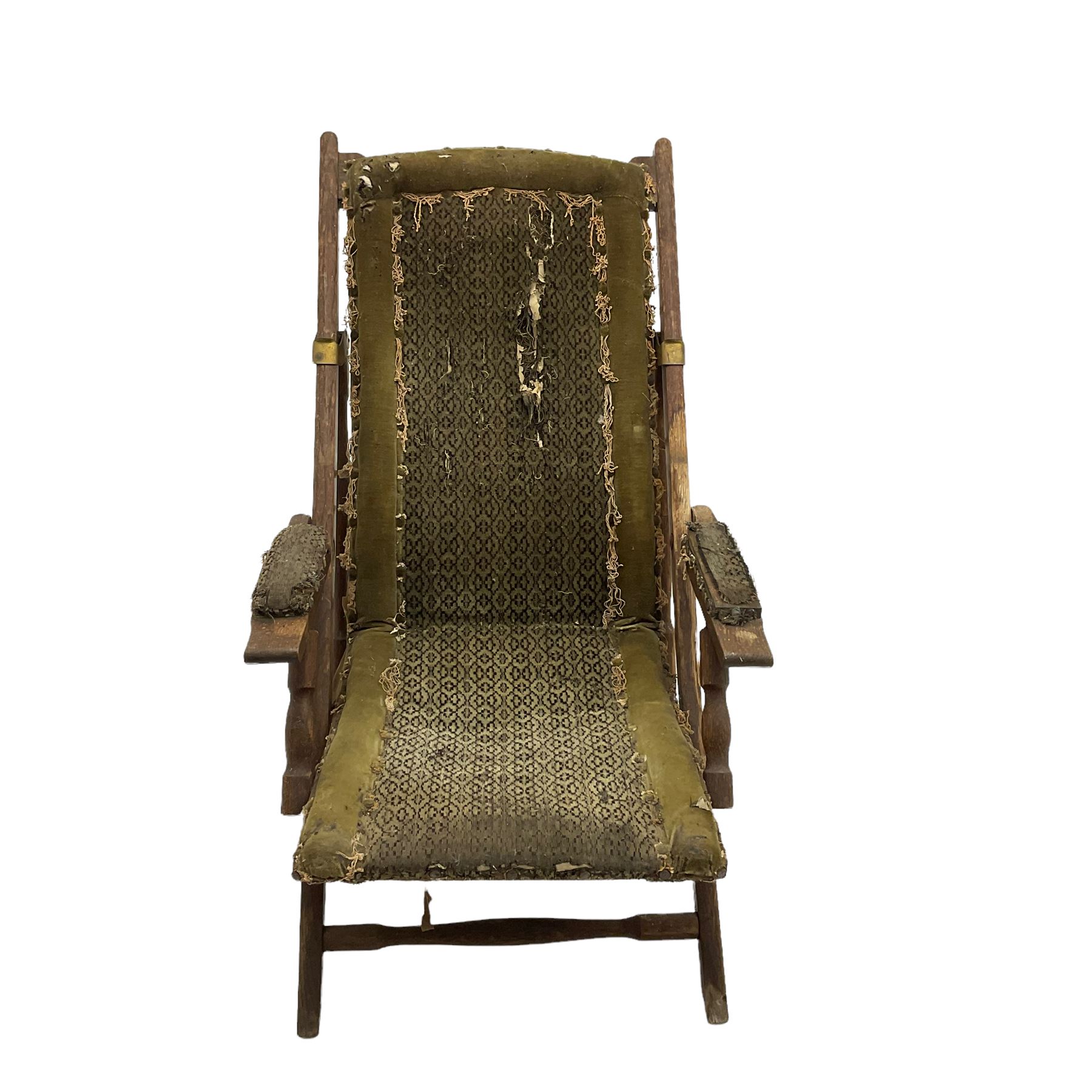 19th century oak campaign steamer or garden chair, folding staggered mechanism with brass fittings, upholstered seat, back and arms