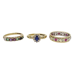 Gold sapphire and diamond cluster ring, gold gem stone set ring and a stone set eternity ring, all hallmarked 9ct