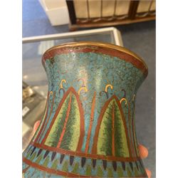 Japanese Cloisonne vase, Meiji/Taisho period, decorated with five haloed figures, possibly the Lucky Gods or Monks, in a landscape detailed with pine trees, lotus flowers and auspicious clouds, beneath a neck with band of fronds, with apocryphal Ming mark beneath, H31cm