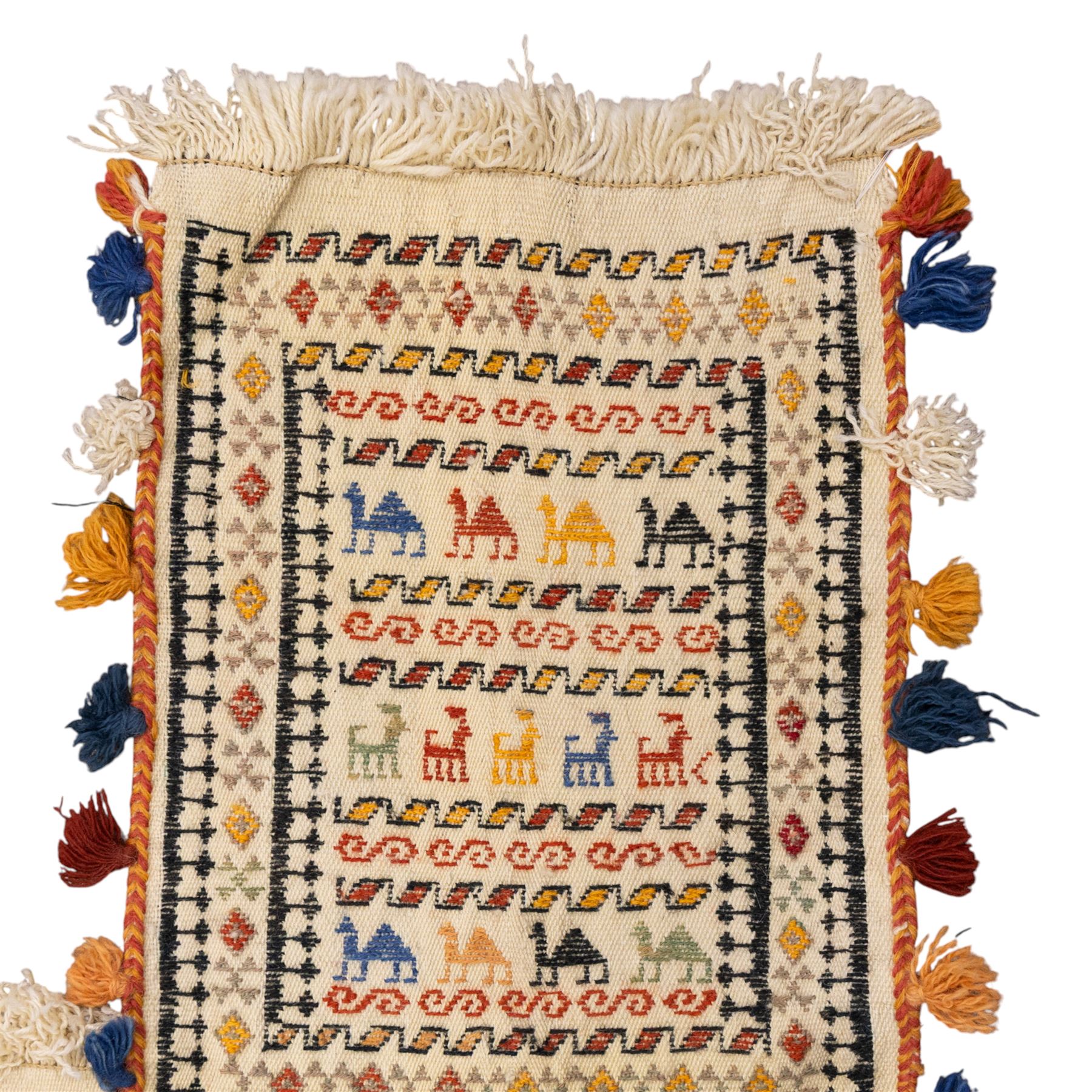 South West Persian Qashqai flatweave kilim horse cover, woven in flatweave with horizontal bands of stylized animals and geometric motifs, featuring repeated rows of horses and camels and abstract figures interspersed with serrated and meander bands, enclosed within simple geometric borders 
