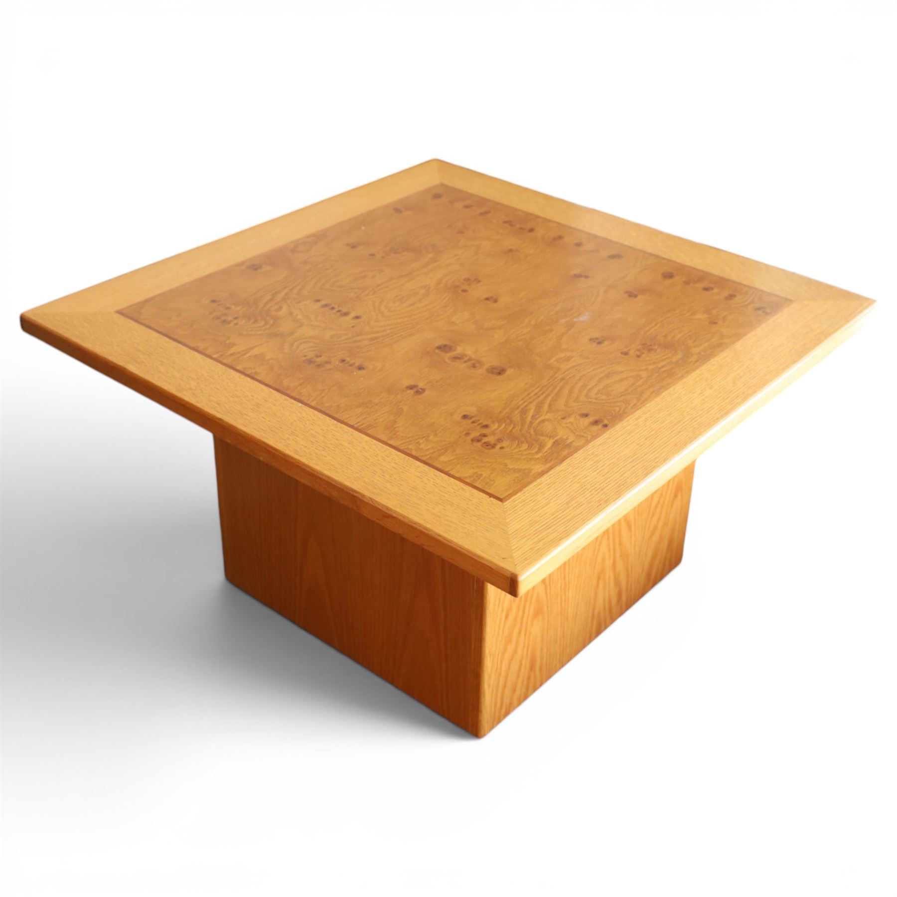 Light oak square coffee table, burr and figured top