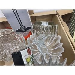 Dartington Crystal glass flower bowl, together with four similar smaller examples, two Orrefors glass bowls, collection of glass decanters, including Dartington and painted example, etc