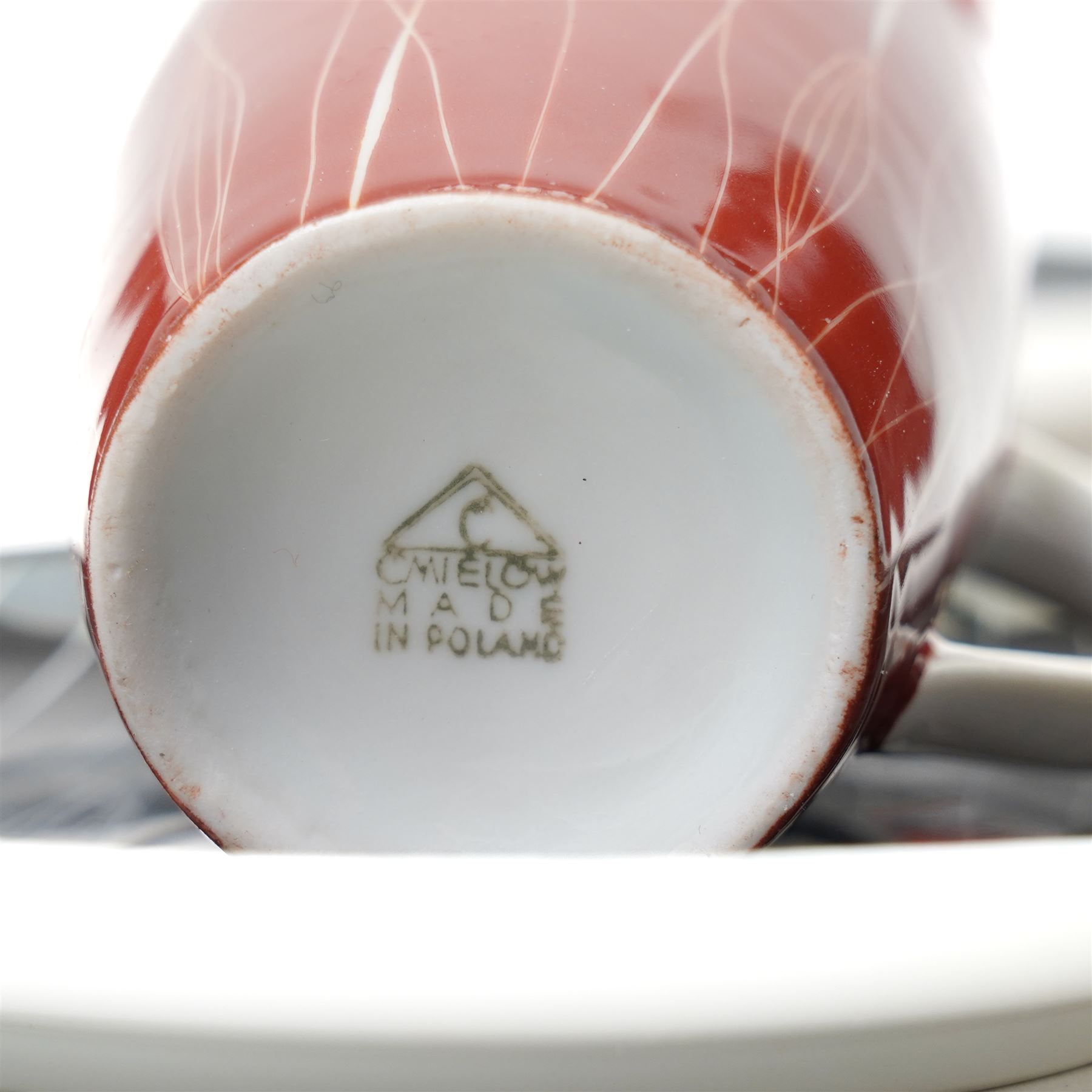 Polish 'Goplana' pattern mid-century coffee set, designed by Wincenty Potacki for Ćmielów, comprising coffee pot, creamer, sugar bowl, and five cups and saucers