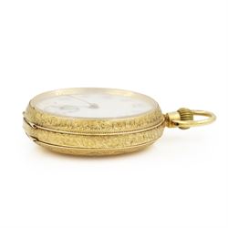 Edwardian 18ct gold open face keyless lever fob watch, white enamel dial with Arabic hour markers and subsidiary seconds dial, engraved foliate case, London import mark 1907