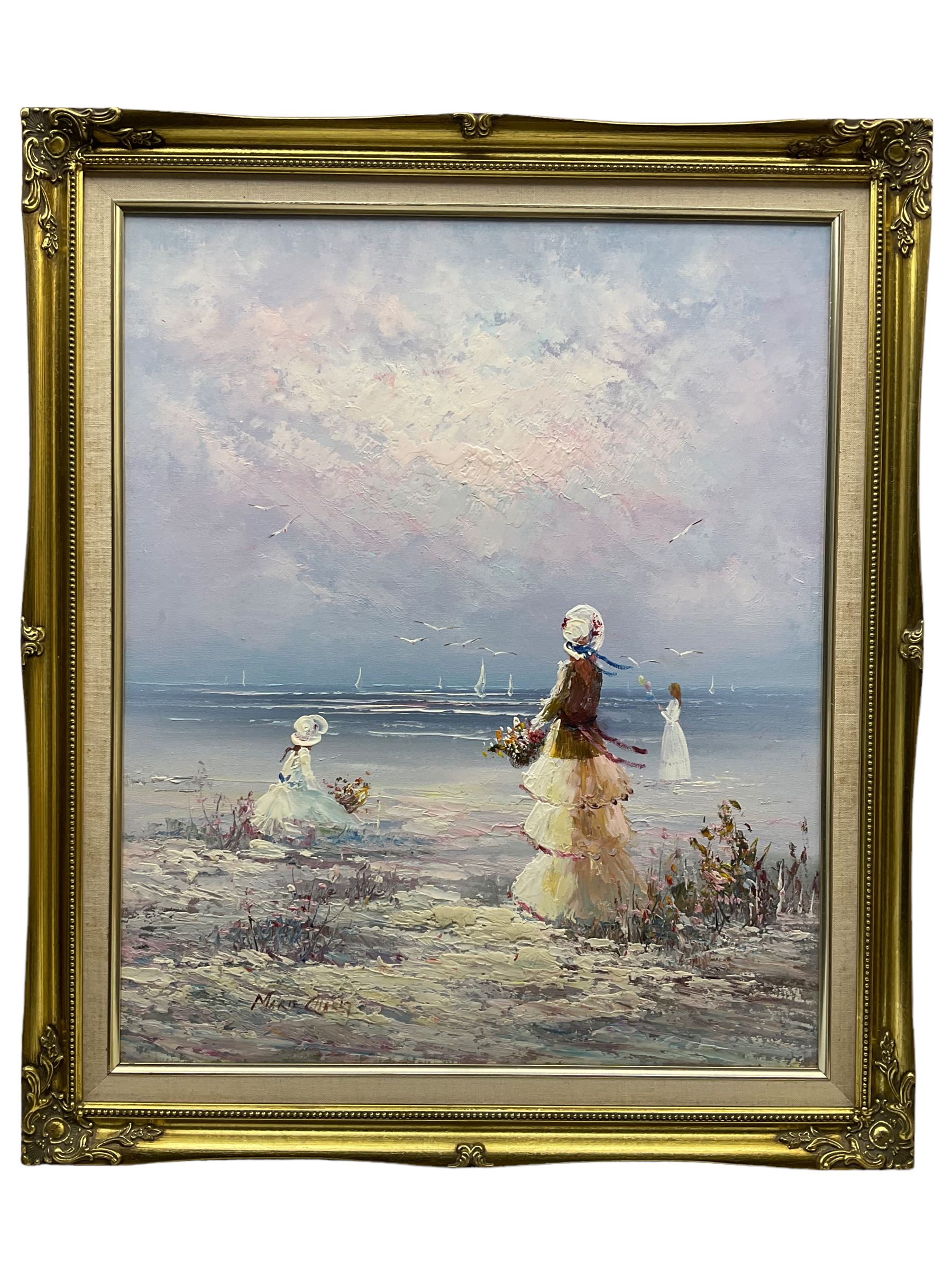 Marie Charles (French 20th century): Figures on the Beach, oil on canvas signed 60cm x 49cm