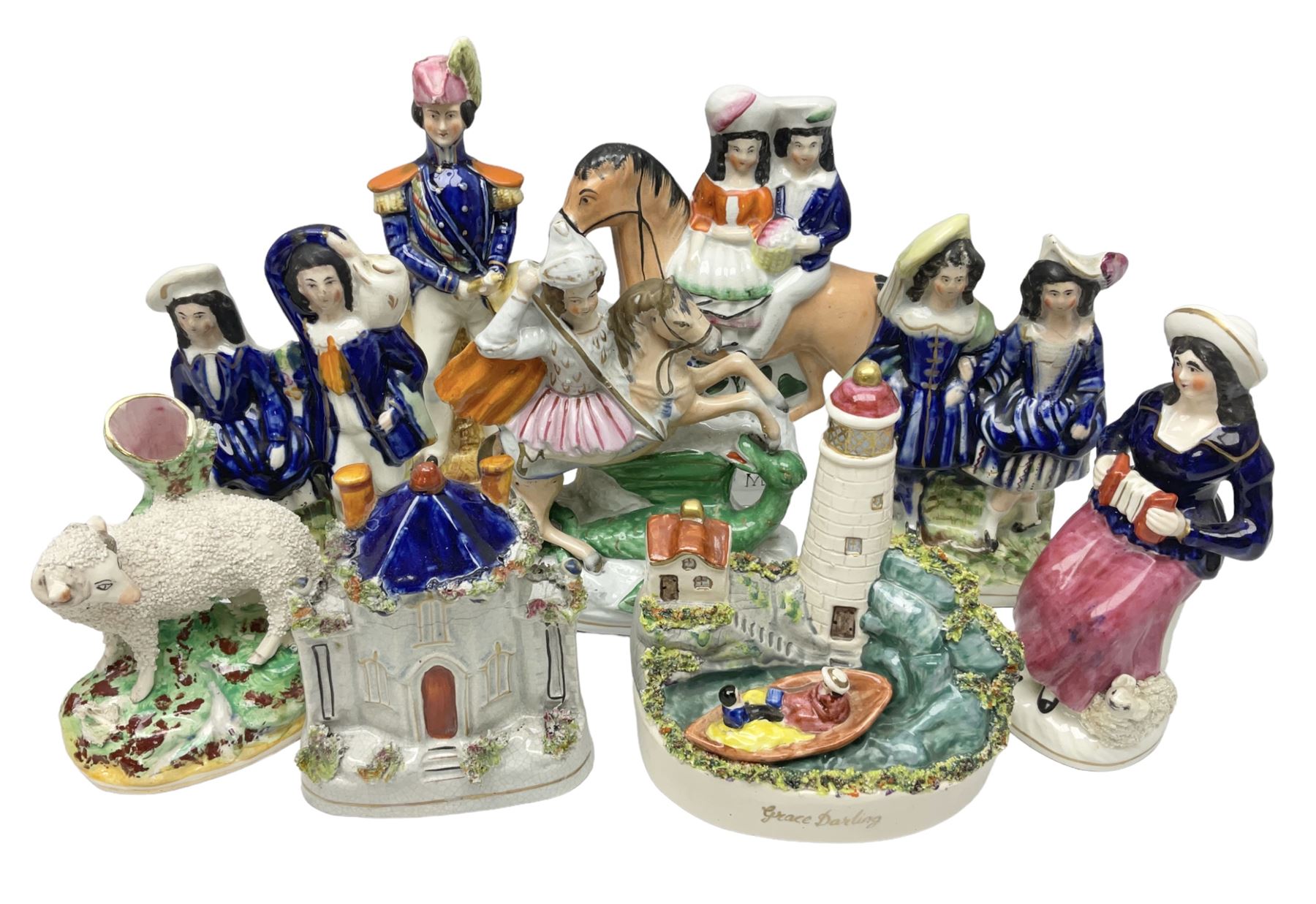 Quantity of Victorian and later Staffordshire style figures, to include examples upon horseback, sheep, drummer etc