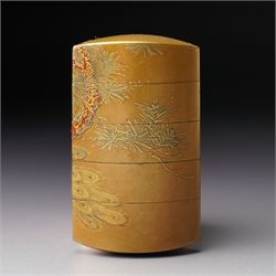 Minsetsusai Kyūho - Fine Japanese Meiji period gold lacquered four-case inro, of rounded rectangular form, the body with maki-e decoration depicting a peacock on a branch, the internal body with nashiji lacquer, artist's two character signature and kakihan to base, H6.5cm
Notes: For the artist, see see E. A. Wrangham, The Index of Inro Artists, Harehope, Northumberland, 1995, p. 158.
An inro would be an essential element of a gentleman's kimono, which typically lacked pockets. The stacked compartments could be used to hold medicine, which was particularly useful for Samurai warriors going into battle. 