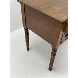 William IV mahogany writing table, five drawers, turned tapering reeded supports 