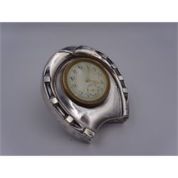 Victorian silver mounted desk clock, in the form of a horseshoe, the dial within a gilt border, with subsidiary second dial, hallmarked Douglas Clock Co, Birmingham 1897, H8.5cm