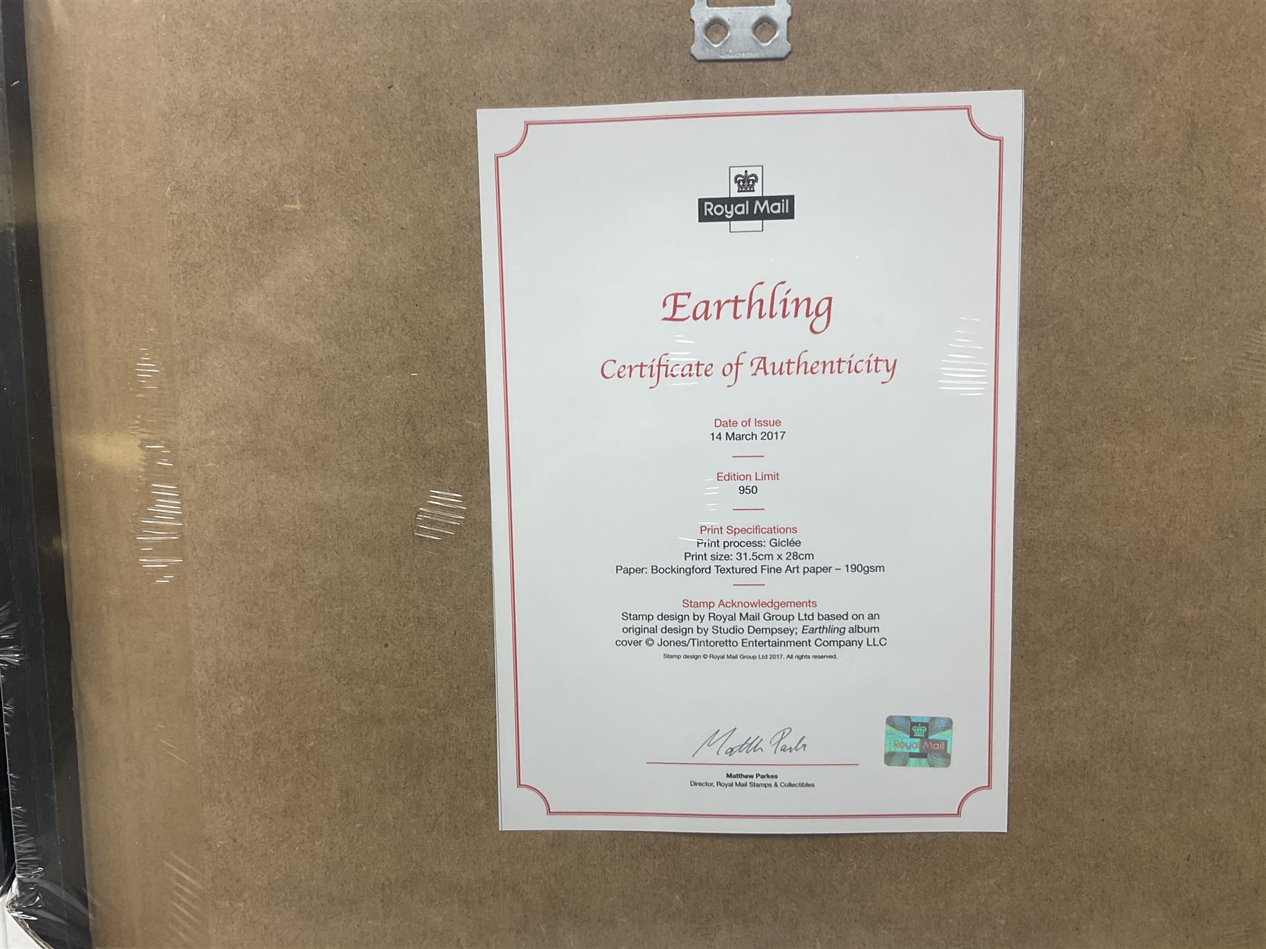 Set of three Royal Mail David Bowie limited edition album stamp prints, comprising Aladdin Sane, Blackstar and Earthling, all framed and in original packaging, H43cm W43cm