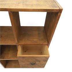 Indigo Furniture - rustic oak shelving unit with cupboard, with five open shelves and one drawer with metal cup handle